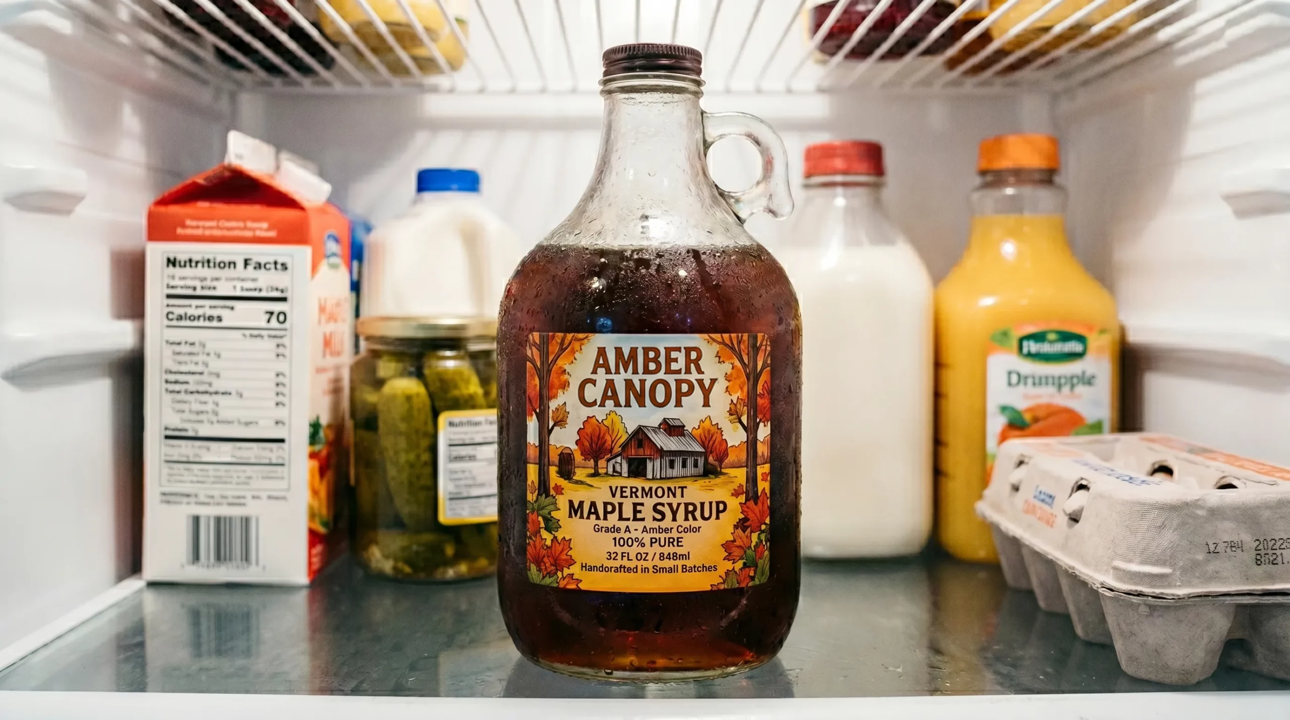 A glass jug of maple syrup covered in heavy condensation inside a refrigerator, featuring a perfectly adhered, waterproof label.