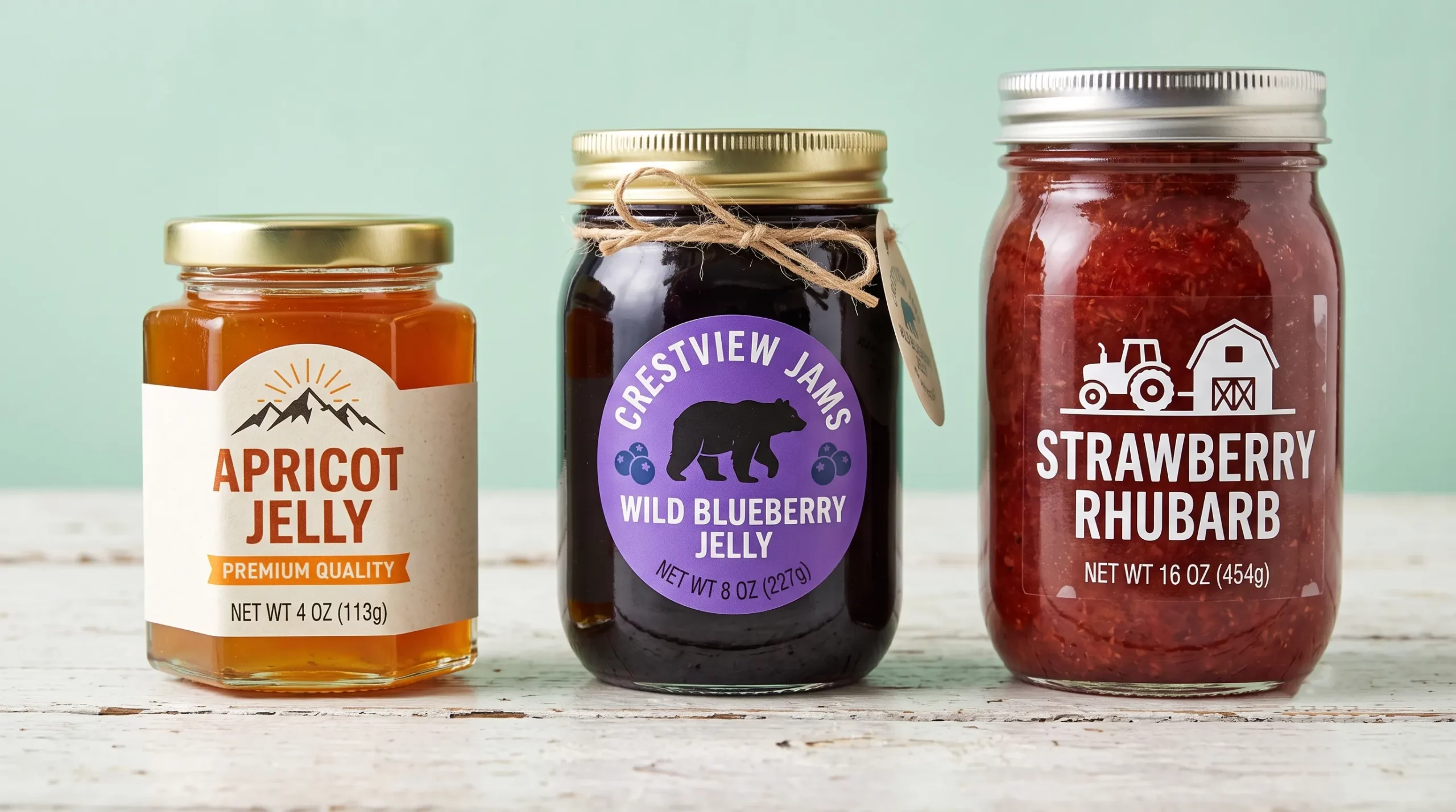 Custom jelly labels sized to fit a small hexagonal jar, standard round jar and large glass mason jar.