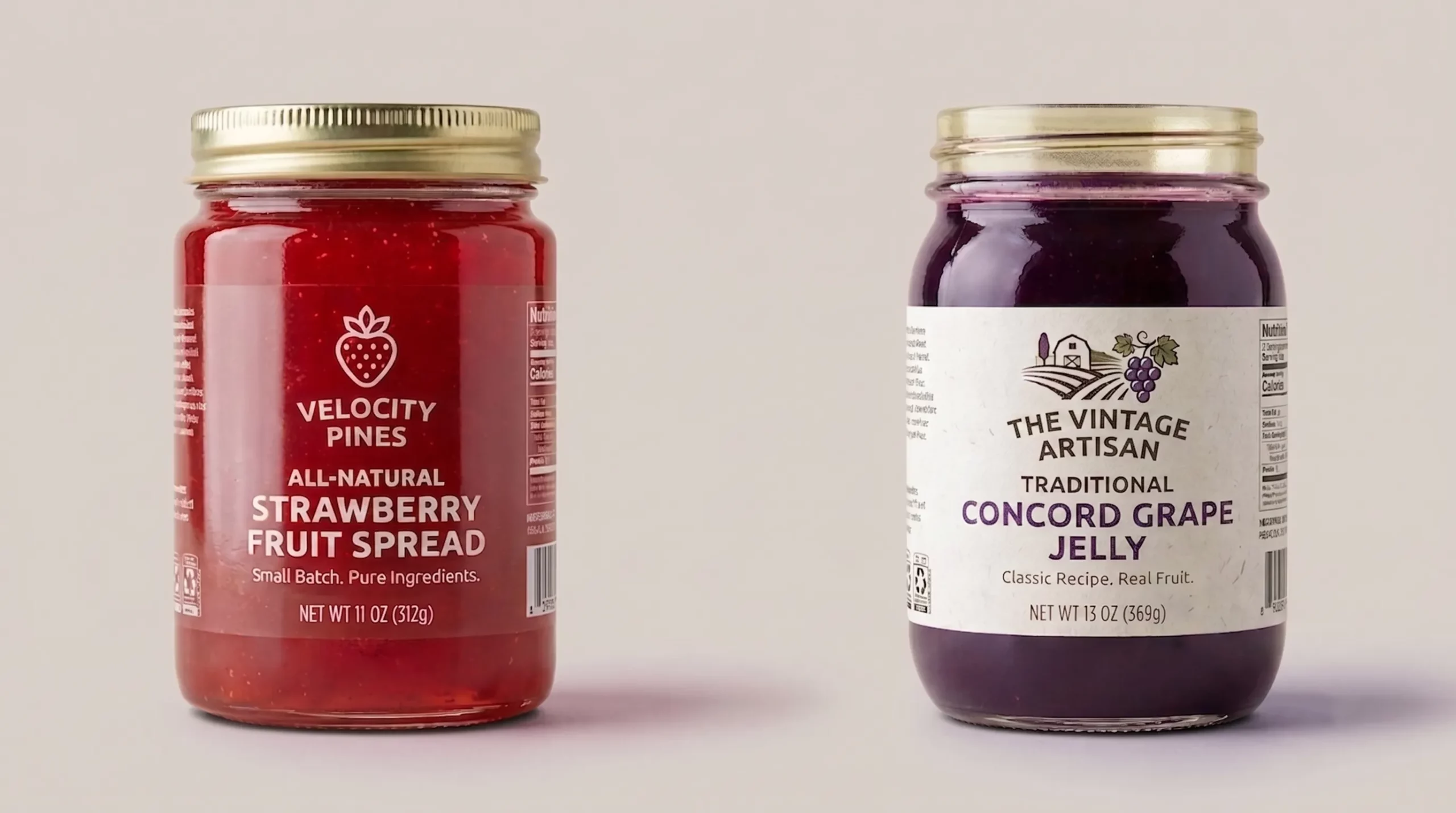 Side-by-side comparison of a clear BOPP label on a strawberry jam jar and a textured matte paper label on a grape jelly jar.