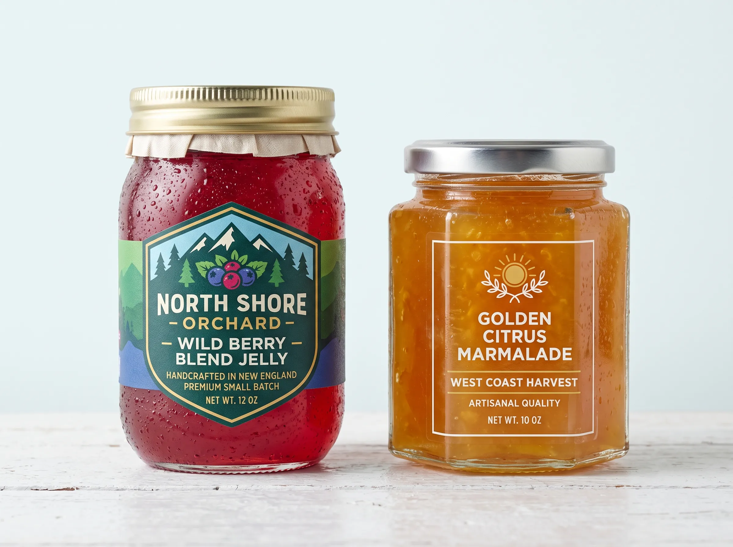 Custom jelly labels applied to a chilled glass mason jar and a hexagonal jar showing durable matte and seamless clear finishes.