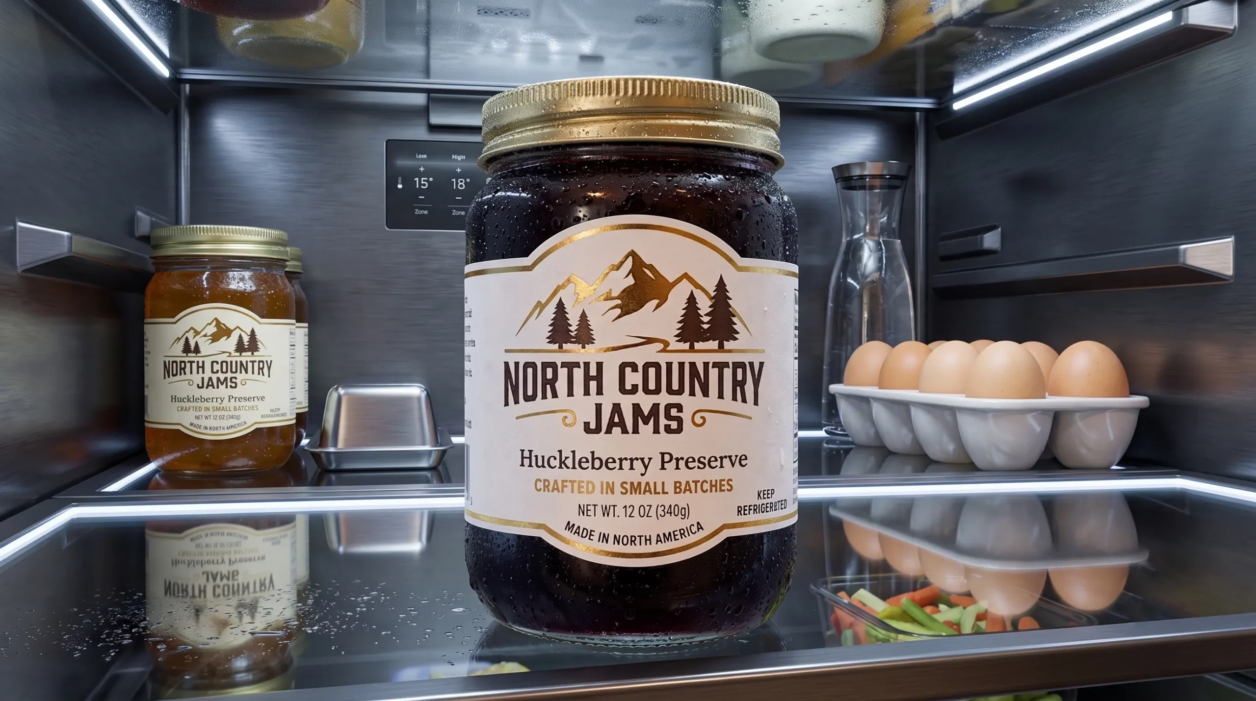 Custom jelly jar label adhering securely to a chilled glass jar inside a refrigerator without peeling or water damage.